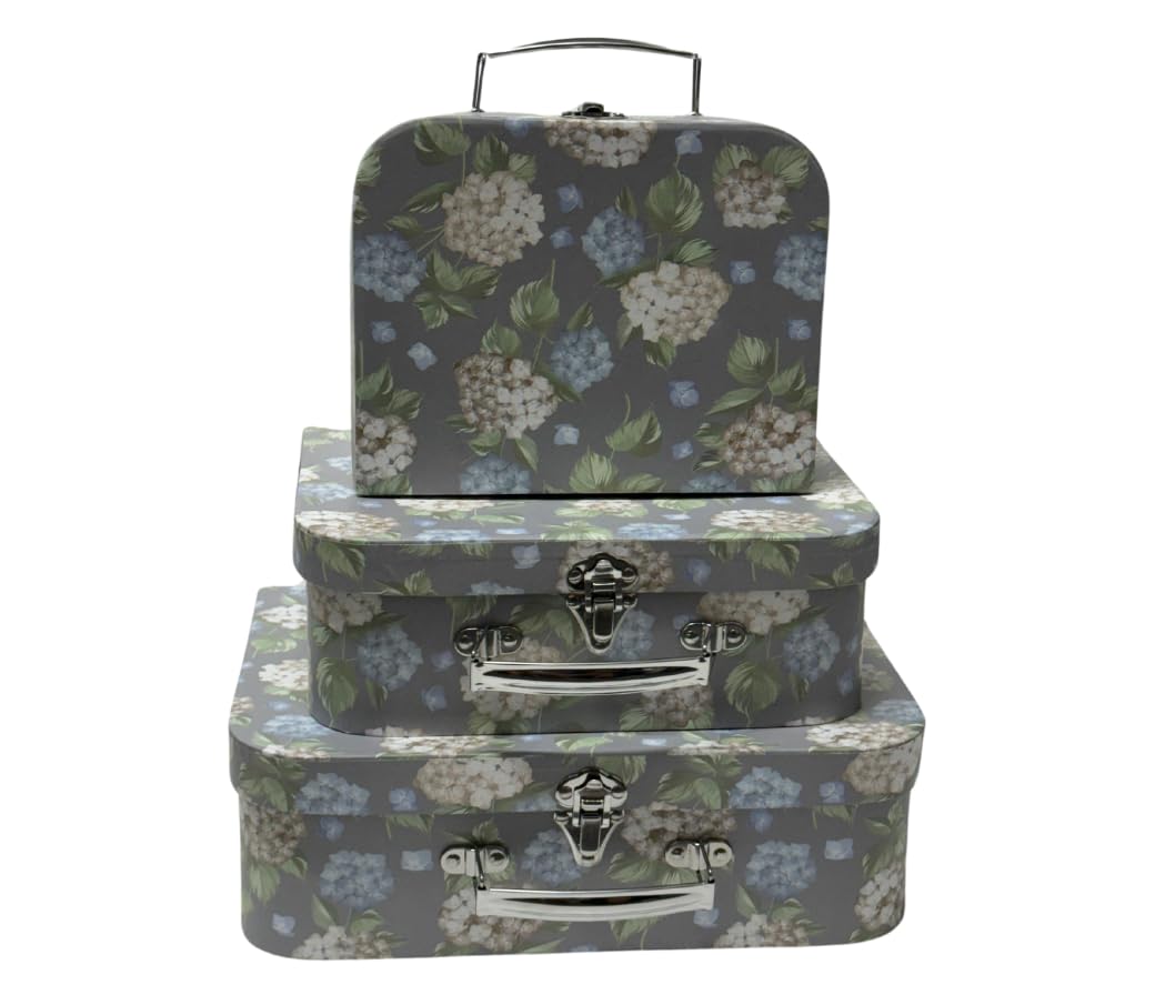 Trendi Set of 3 Decorative Storage Boxes with Lids Paperboard Suitcases, Cardboard Gift Box Memento Case Box Photo Storage Boxes Home Decoration, Vintage Suitcases (Grey Flower)