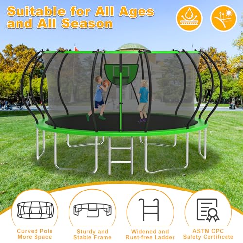 1500LBS Tranpoline Outdoor 8 10 12 14 16FT Tranpoline for Kids and Adults,【Easy to Install & Built to Last】 Recreational Tranpolines with Net, Light+Sprinkler, Basketball Hoop, ASTM Approved