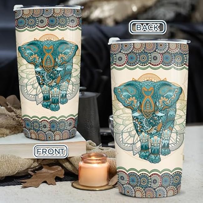 wowcugi Elephant Tumbler 20oz Mandala Style Coffee Travel Mug Stainless Steel Insulated Tumblers Gift for Women, Girls, Mothers Day, Birthday, Christmas