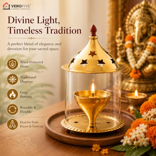 Image of Akhand Jyot Brass Diya - Traditional Akhanda Deepam with Oil Chamber & Protective Glass Cover - Long-Lasting Brass Diya for Puja & Festival Decor(Medium)