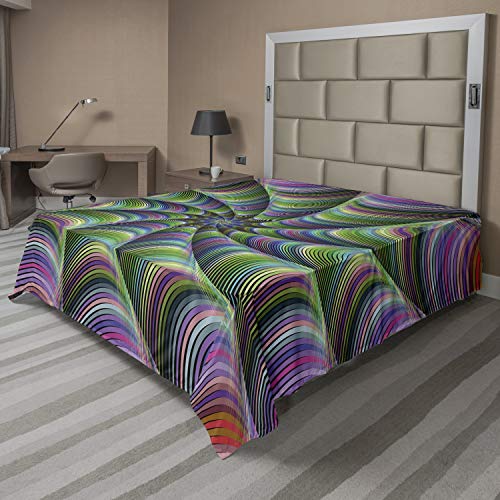 Ambesonne Fractal Flat Sheet, Psychedelic Tentacles Converging into Flower Form Infinity Spinning Focus Design, Soft Comfortable Top Sheet Decorative Bedding 1 Piece, California King, Green Purple