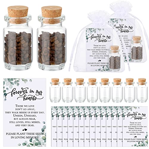 Tanlade 100 Sets Funeral Favors Include Funeral Prayer Cards Celebration of Life Memorial Card Memorial Seeds Glass Bottles with Cork Stopper Organza Bags for Loss of Loved One, No Seed(Leaf)
