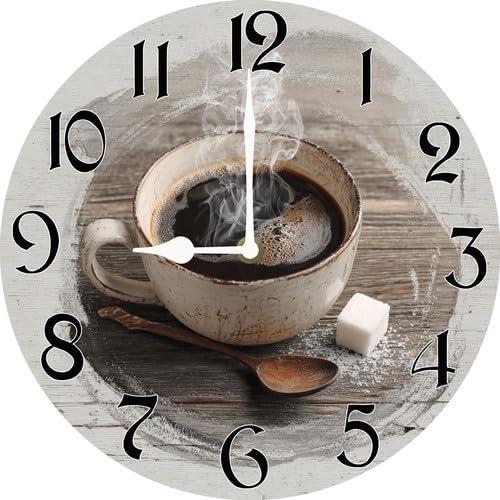 Coffee Cup Wall Clock 25cm Wooden Round Wall Clock Silent No Tick Battery Operated for Living Room, Kitchen, Home, Bathroom, Bedroom, Office or School Decoration
