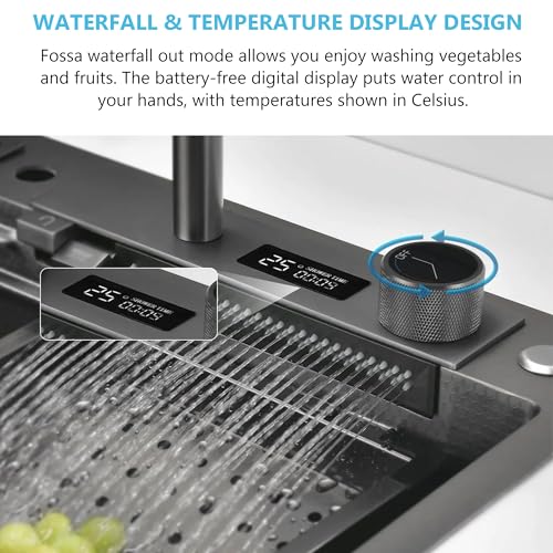 Image of Fosaa 30 inchx18 inchx9 inch 7-Year Warranty Original Smart Piano Waterfall Pure 304 Stainless Steel Model Kitchen Sink with Pull-Down Faucet, LED Panel & Display | Black Honeycomb Finish (2 Button)