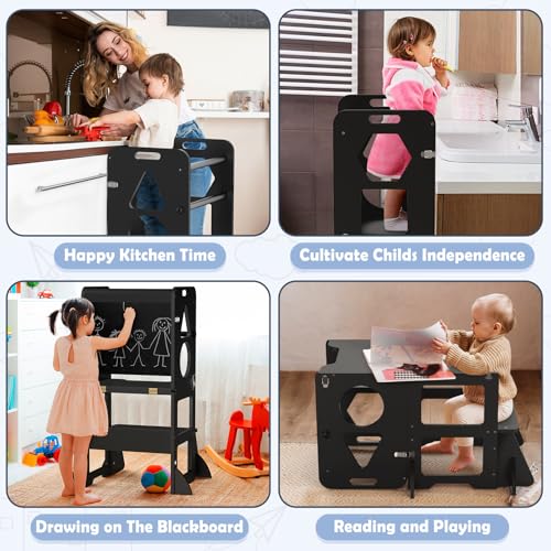 Image of Woodure 4 in-1 Toddler Kitchen Step Stool, Foldable Learning Standing Tower with Blackboard, Wooden Kitchen Stool Helper for Kids, 1-3 Year Old Boy Girl Gifts - Black