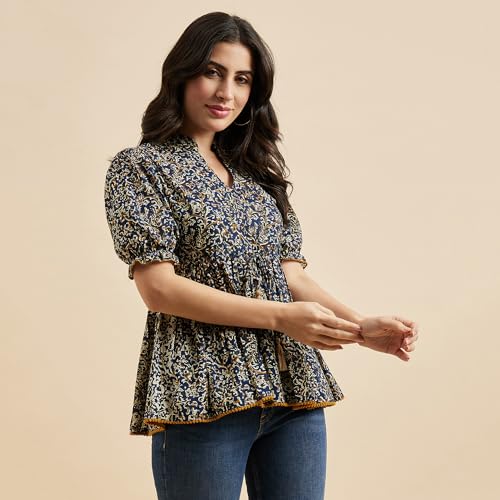 Image of Azira Cotton Printed Mandarin Collar | Blue Color | Casual Top | Woman Top| Tops for Woman | Stylish Summer Wear