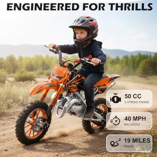 Image of Kids 50cc Dirt Bike,2-Stroke Gas Mini Bike,Orange,2026 Upgraded | Kids Dirt Bike for 8-14 with Front Rear Disc Brakes,10In Off-Road Tires,Shock Absorption,Seat Height 23.6in,Max Speed 40Mph