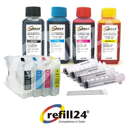 Cartuchos Recargables para Brother LC1220 / LC 1240 / LC 1280 Negro+Color, Incluye Accesorios + 400 ML Tinta