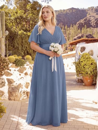 Image of Ever-Pretty Women's Chiffon Formal Evening Dresses for Curvy Women V-Neck Plus Size Floor Length Bridesmaid Dress