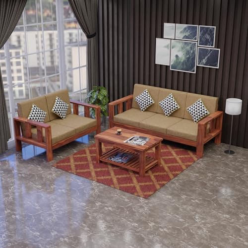 Image of Krishna Wood Decor Sheesham Wood 5 Seater Sofa Set for Living Room Home Office Solid Wood Sofa Set Furniture Wooden Five Seater Sofa Set | 3+2 with Coffee Table | Finish :- (Teak & Beige)