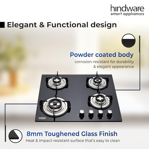 Hindware Smart Appliances | Sara Plus Kitchen Hob | Designer Brass Burners | Auto Ignition | SS Drip Tray | Cast Iron Pan Support | Black Glass... - Image 4