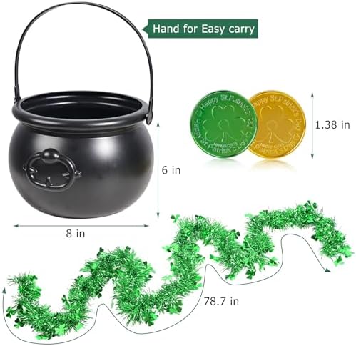 EnriQ 202 Pcs St Patrick's day 8" Black Cauldron Candy Kettle with 200 Lucky Coins for St Patty Decorations St. Patricks Day Party Favor - 4