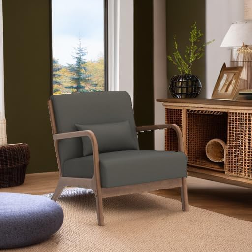 Image of Mid-Century Modern Accent Chair Set of 1, Upholstered Living Room Chairs with Waist Cushion, Reading Armchair for Home, Bedroom (Blackish Green)