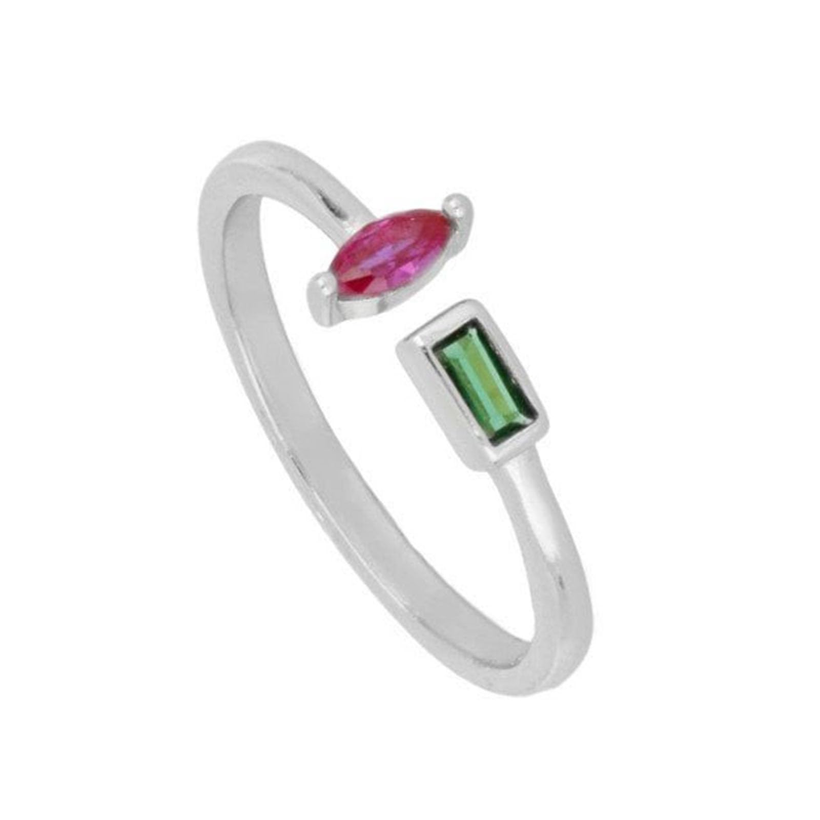Bague en or blanc 9 K/14 carats pour femme Vert émeraude artificielle Bague réglable Bague délicate