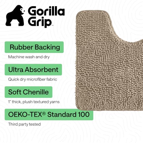 Image of GORILLA GRIP Bathroom Rug Sets 3 Piece, Bath Mat Set and Oval Toilet Base with Rubber Backing, Plush Absorbent Shaggy Chenille Washable Mats, Includes 24x19.5, 24x17 and 36x24 Inch Rugs, Gray Beige