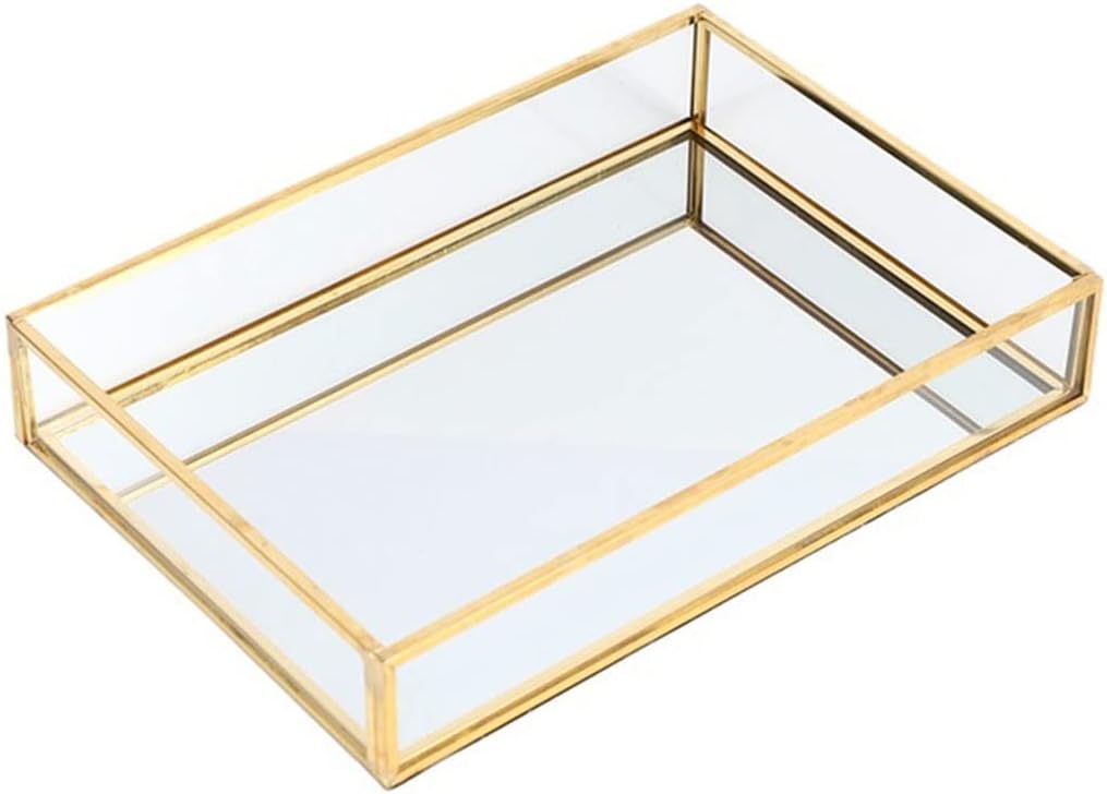 FMURY Retro Storage Tray Gold Rectangle Glass Makeup Organizer Tray Jewelry Display Home Kitchen Decor(20 * 14 * 3.5cm)
