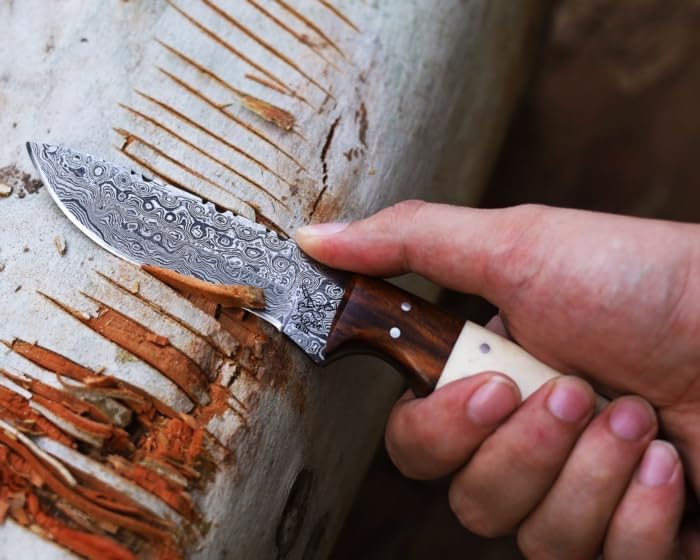 Miniatura 3 de Cuchillo de caza de acero de Damasco de hoja fija con funda de cuero, cuchillo de caza de espiga completa de 9 pulgadas, mango de madera