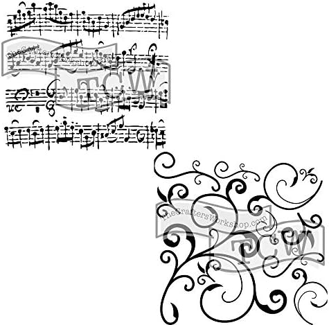 The Crafters Workshop Reusable Stencils for Crafts, Art, Journaling, Scrapbooking, Card Making, Airbrushing, Painting or Mixed Media, 2 Pk, 6" x 6", Sheet Music/Capricious