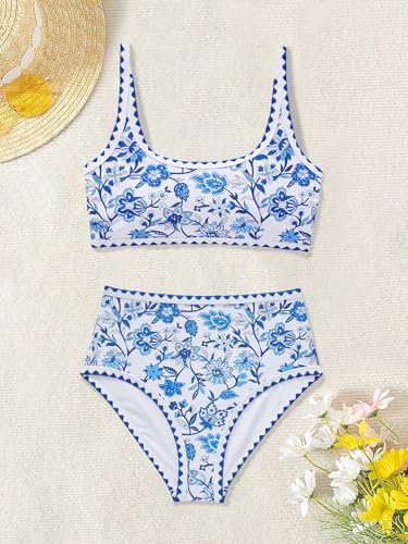MOOSLOVER Women Boho Floral Whip Stitch Bikini Sets Crop High Waisted 2 Piece Swimsuit Modest Bathing Suit4