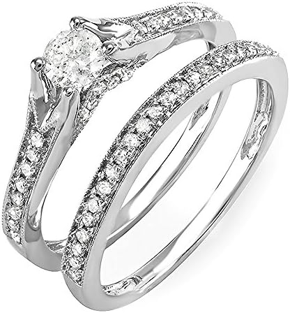 0.60 carat (ctw) 14K white gold round diamond women's bridal split shank ring engagement ring with matching band set (USA ring size 6)