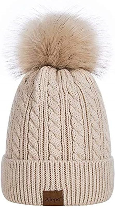 Women's|Girl's Faux Fur Pom Pom Crochet Knitted Wool Skull Beanie Hat Cap (Beige)-image-14
