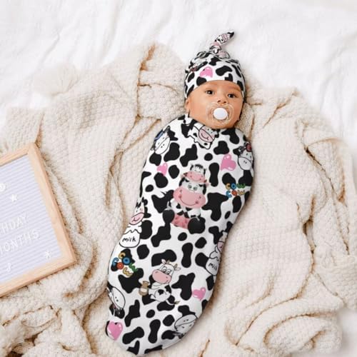 Image of Cute Cow Print Newborn Swaddling Blanket Beanie Hat Sets Soft Baby Receiving Funny Cattle Blanket Soft Sleeping Bag New Born Soft Sleep Sacks for Boys Girls