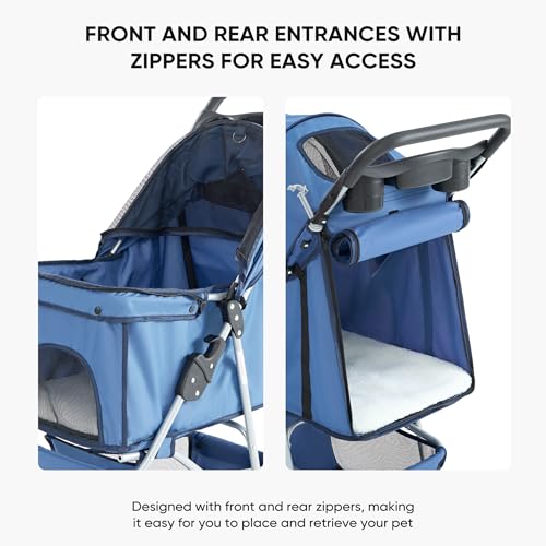 Image of NEWBULIG 3 Wheel Pet Stroller for Dogs and Cats, Foldable, Lightweight and Durable, Ideal for Small to Medium Pets, Includes Storage Basket and Cup Holders