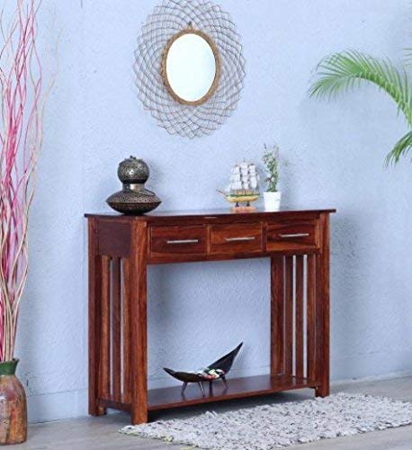 Image of Solid Sheesham Wood Console Table for Living Room | Entryway Hallway Sofa & Fish Tank Table with 3 Drawers & Shelf Storage | Wooden Side Furniture | Honey Finish