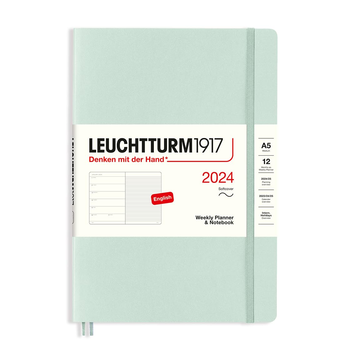 LEUCHTTURM1917 367776 Weekly Planner & Notebook Medium (A5) 2024, Softcover, Mint Green, English