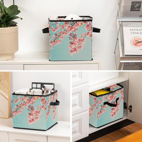 Boîte de rangement pliable cube rose cerise en tissu avec poignées - 6