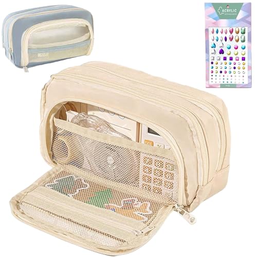 Big Capacity Pencil Case, 3 Compartments Simple Storage Aesthetic Pencil Case, Large Capacity Pencil Pouch Handheld Pen Bag Cosmetic Portable Gift (Beige)