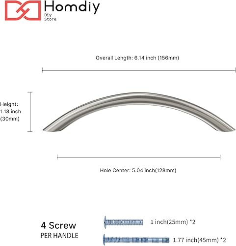 Miniatura 2 de homdiy Paquete de 10 tiradores de gabinete de níquel cepillado de 5 pulgadas, manijas de cajón arqueadas, herrajes sólidos para tocador de cocina y