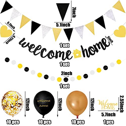 Welcome Home Banner And Cake Topper Decorations Gold Black Glitter Dot Circle Garland Triangle Flag Banner Welcome Balloons For Welcome Back Party Housewarming Party Supplies #TOP1