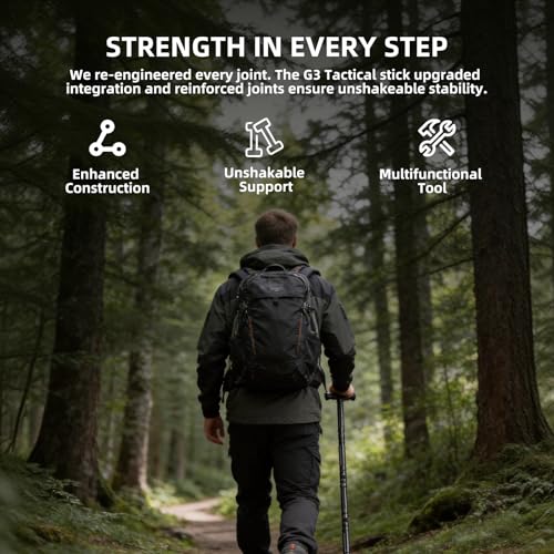 aiGear G3 Tactical Stick Walking Staff, Upgraded More Durable Adjustable Hiking Staff Essential Camping Gear for Hiking Trekking Adventures 5 Tubes 39 inch Black(with Multitool)