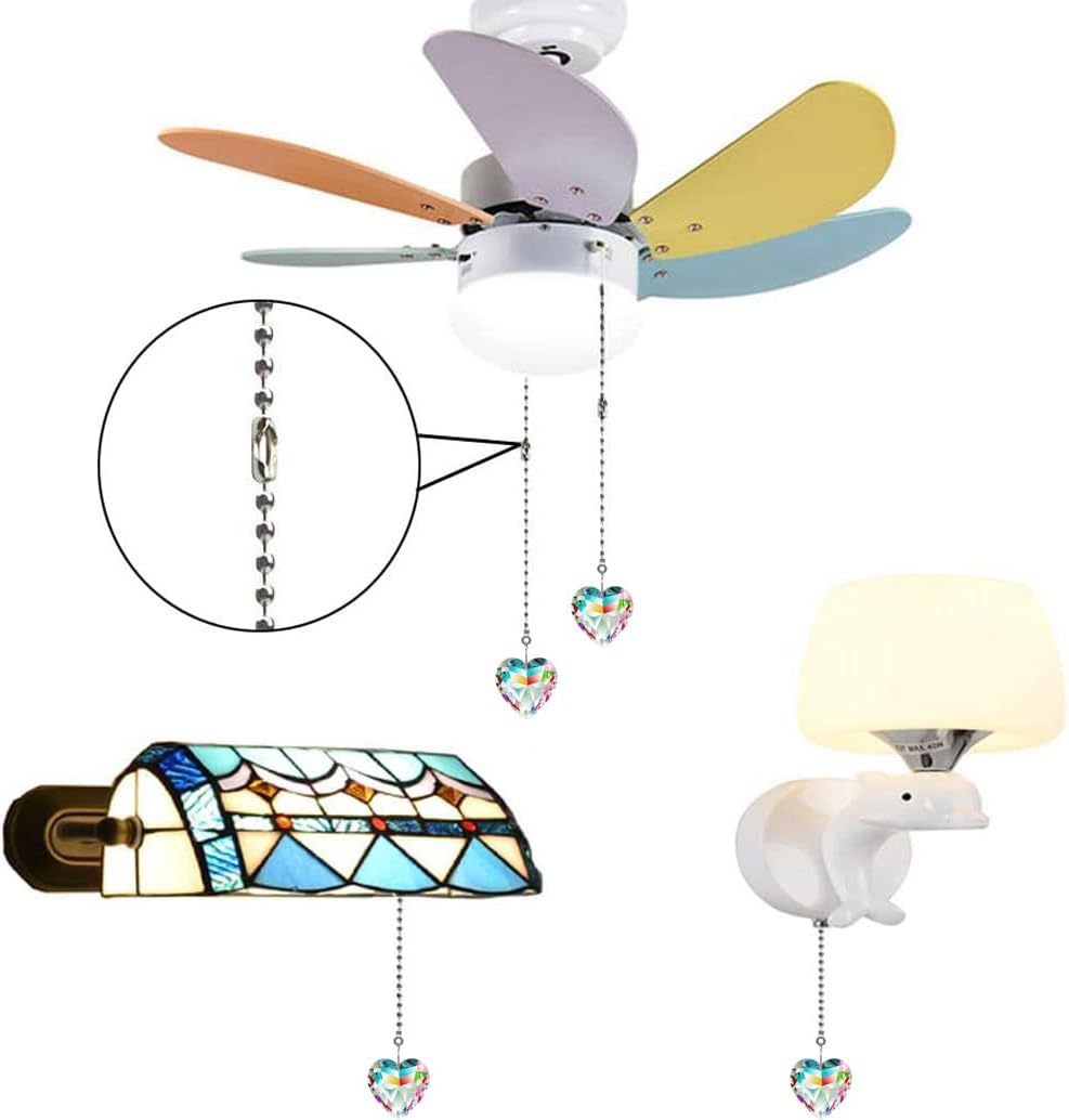 Ceiling Fan Pull Chain Extender - 2 Pack 12 Inches Decorative Crystal Heart Prism Pendants with Ball Chain Connectors for Fan Light Chains (Replacement Pull Chains) (AB COLOR)