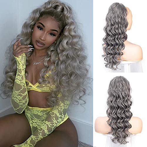 Earfodo Ponytail Extension Long Wavy Ponytail Extension for Women Grey Color 24 Inch Drawstring Synthetic Ponytail Hair Pieces