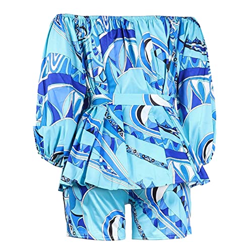 Blusa feminina sexy plus size folgada com estampa de cintura de uma palavra, short, terno de duas pe