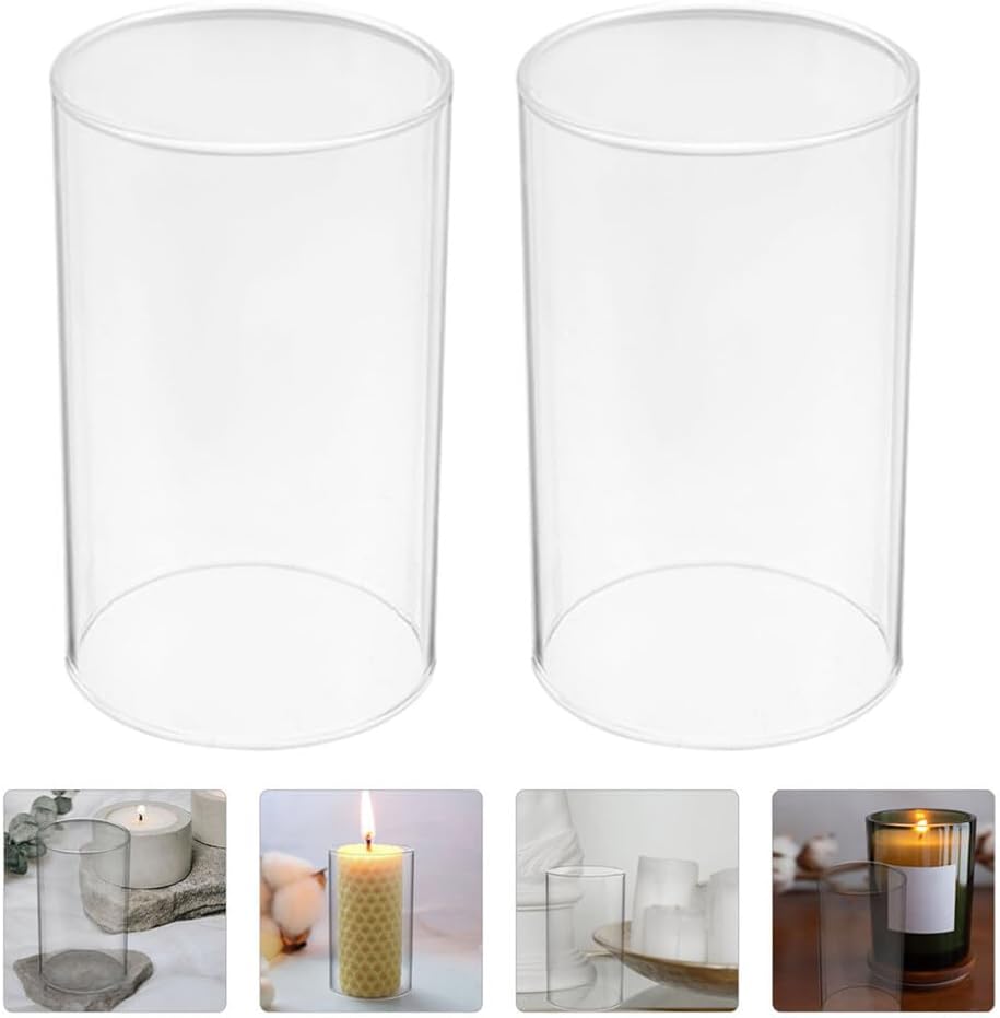 Candle Holder Sleeves 2Pcs Open End Clear Glass Cylinder Candle Holder Bottomless Candle Cover Candle Chimney Shade Tube Pillar Taper for Candles M/30 (Color : Transparent Size : 10.00X7.00X7.00CM) (