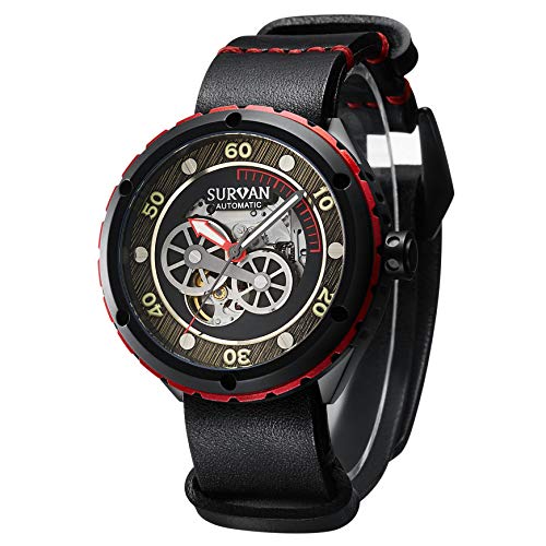 SURVAN WatchDesigner Watch for Men Racing Design Men's Sports Waterproof Automatic Mechanical Skeleton Watch Multi-Function Dial Genuine Leather Strap (Black-red)