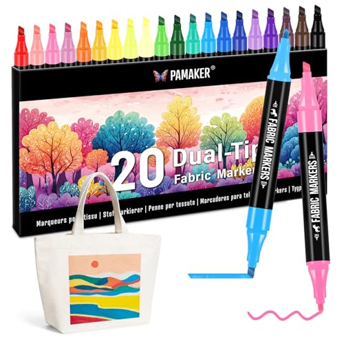 Pamaker 20 Textilstifte Dual Tip Waschmaschinenfest und Permanent für T-Shirts Stofftaschen Schuhe und mehr Ungiftig ideal für Kinder und Erwachsene