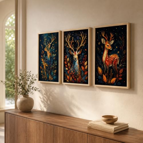 Image of Livin'luxe Set of 3 Deer Forest Wall Paintings for Living Room Bedroom Hallway Home Decor with Premium Wooden Color Synthetic Frame (25.5 x 19.5 Inch) NM03-76