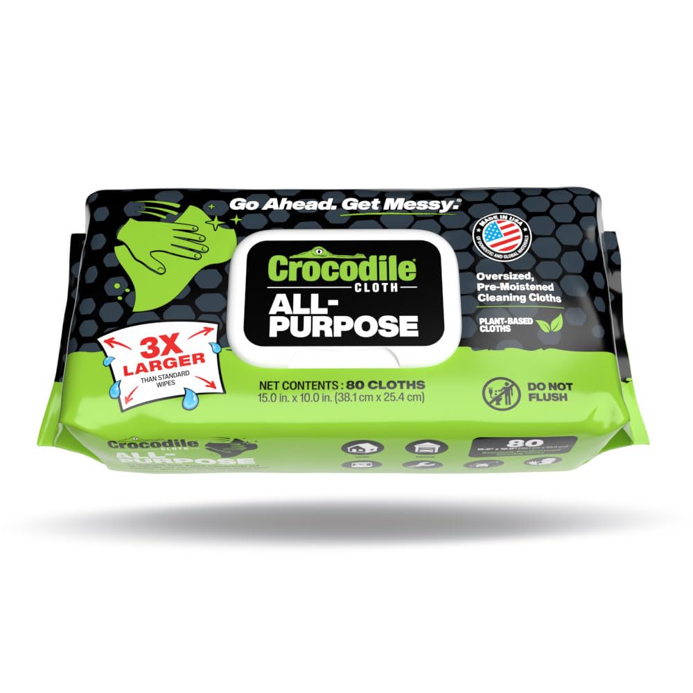 Crocodile Cloth Multiusos: 80 toallitas de limpieza biodegradables, de 10 x 15 pulgadas. Paños de limpieza grandes, húmedos, absorbentes y desechables. Seguro para la piel y múltiples superficies.