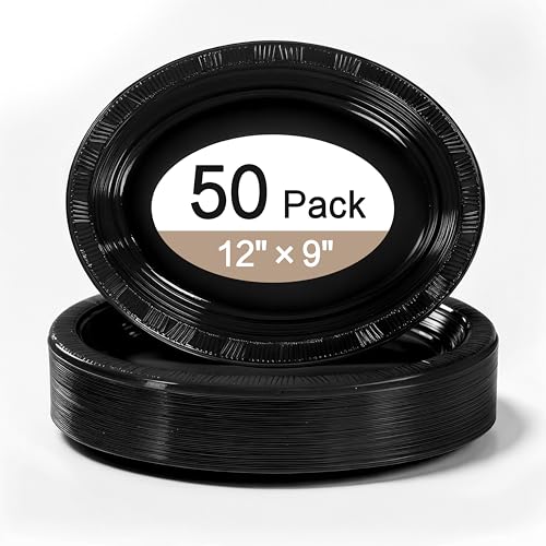 50pcs Black 12 Inch Oval Plastic Plates, Disposable Heavy Duty Oval Serving Platters, Large Plastic Oval Dinner Plates for Wedding, Anniversary, Dinner Party, Catering, BBQ & Holiday Gatherings 50pcs Black 12 Inch Oval Plastic Plates, Disposable Heavy Duty Oval Serving Platters, Large Plastic Oval Dinner Plates for Wedding, Anniversary, Dinner Party, Catering, BBQ & Holiday Gatherings