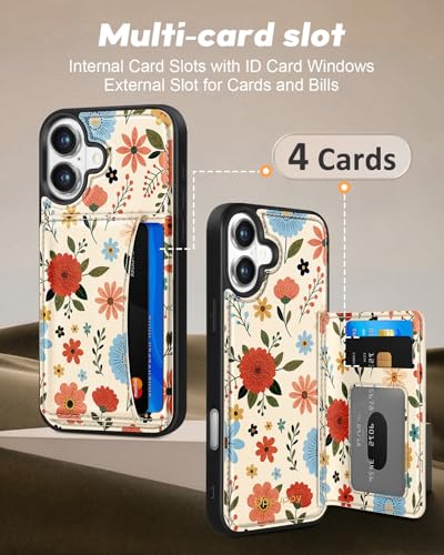 Uppuppy for iPhone 16 Plus Wallet Case with Card Holder,Beige Flower - image 3