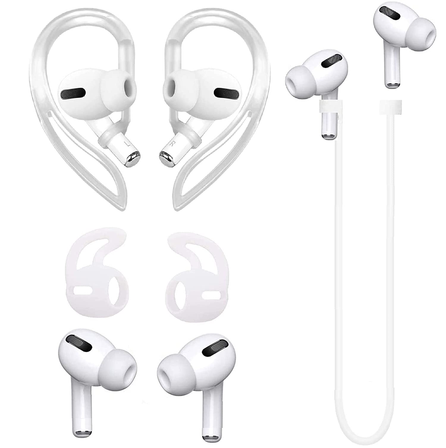 A-Focus AirPodsPro用紛失・落下防止アクセサリー 3種類セット 落下防止差し込み型イヤーフック ＋ 落ち防止フック型イヤーピース ＋ ストラップ Clear／White