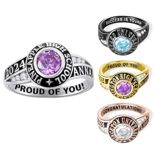 AILIN 925 Sterling Silver/Brass Class Of 2024 2025 Rings For Women Men High School Personalized Birthstone Engraved Graduation Rings College University Jewelry Gifts For Her Teacher