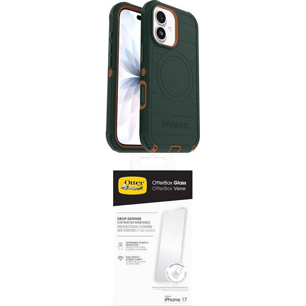 OtterBox Defender Series Pro MagSafe funda para iPhone 17, Testada 7x con estándares Militares anticaídas, Verde + OtterBox Glass Protector de Pantalla de Cristal Templado para iPhone 17