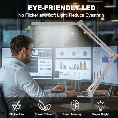 Image of TROPICALTREE LED Desk Lamp with Clamp and Round Base,Eye Caring Table Lamp with Swing Arm,3 Color Modes 10 Brightness Levels,Memory Function,Desk Light for Home Office with USB Adapter White-14W