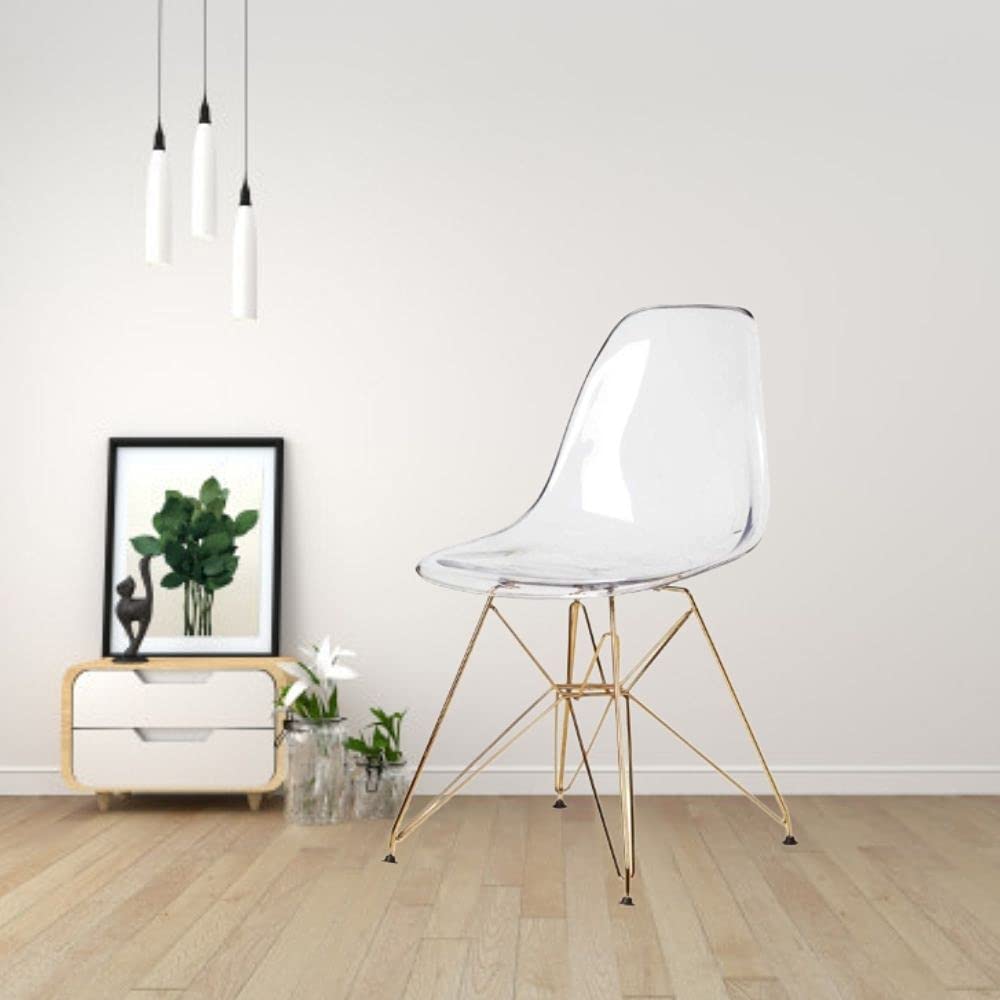 HCD Modern Eiffel Clear Chair, Eames Style Dining Chair with Gold