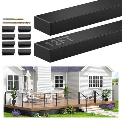 Image of 12FT Stainless Steel T304 Black Handrail, 2 Pack Rectangular Cuttable Handrail Flat Top Rail 2-3 /8 inchx1-3 /16 with Nylon End Caps for Indoor Outdoor Deck Stair Cable Railing System DIY Balustrade